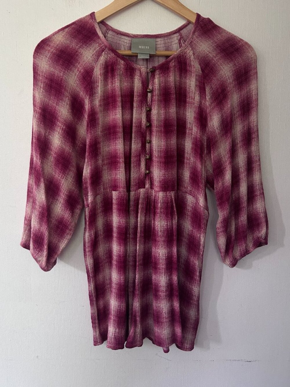 Maeve Peasant Blouse Small Purple Red Checked Peplum Boho Cottagecore Feminine